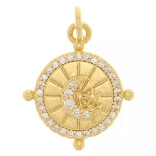 15mm Round charm with moon and star pattern and zirconium oxide - Gold Tone - Crystal x1