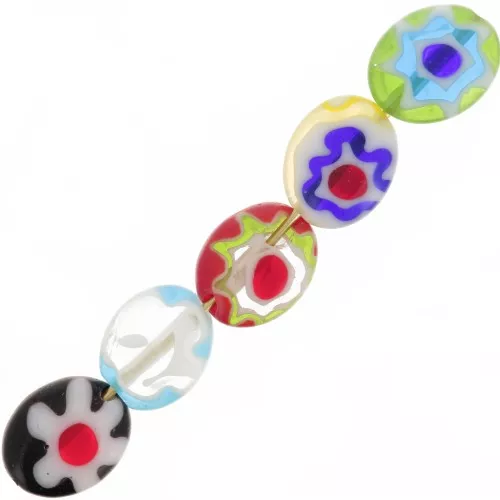 10x8mm Millefiori Glass Flat Oval Beads - Multicoloured x10