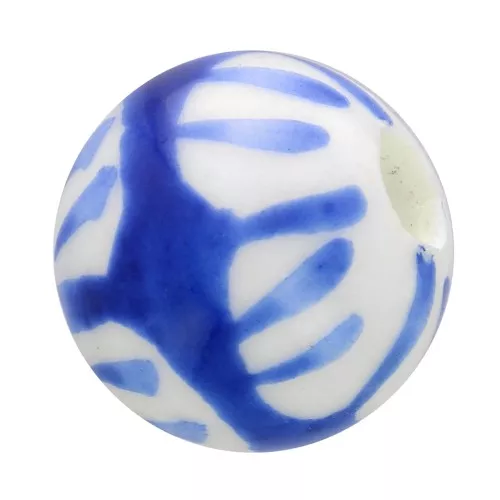 8mm Ceramic round beads - graphic pattern - White - Blue x4