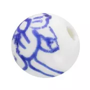 10mm Ceramic round beads - flower pattern - White - Blue x4