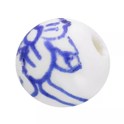 10mm Ceramic round beads - flower pattern - White - Blue x4