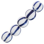 10mm Ceramic round beads - Stripes pattern - White - Blue x4