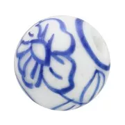 10mm Ceramic round beads - flower pattern - White - Blue x4