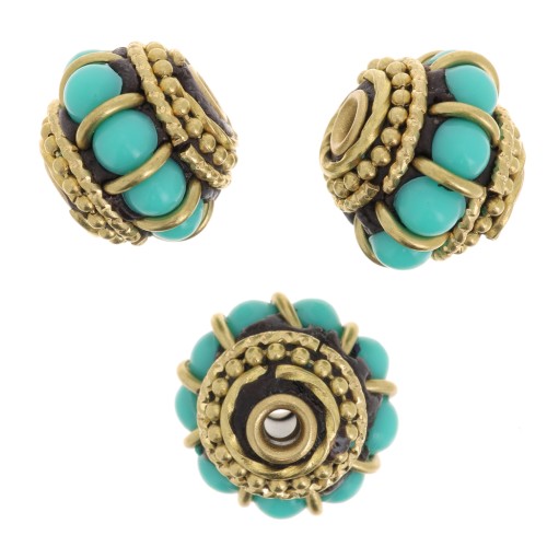 11x13mm Indonesian Ethnic Bead - Turquoise - Gold Tone x1