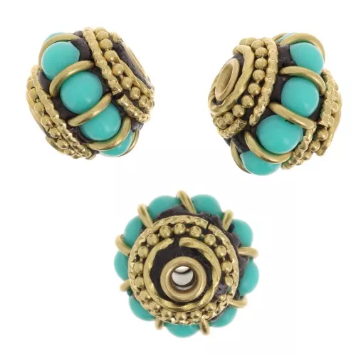 11x13mm Indonesian Ethnic Bead - Turquoise - Gold Tone x1