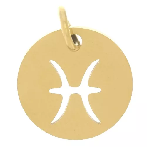12mm 304 Stainless Steel Round charm - Pisces zodiac sign - Gold Tone x1