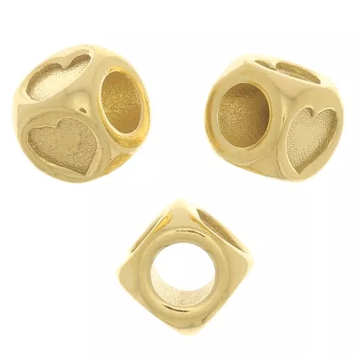 5mm 925 Sterling Silver heart design Cube bead with big hole - GOLD Tone x1