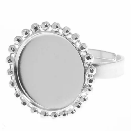 Diamond balls ring for 15mm flat back cabochon - Size 54 to 58 - Silver Tone x1
