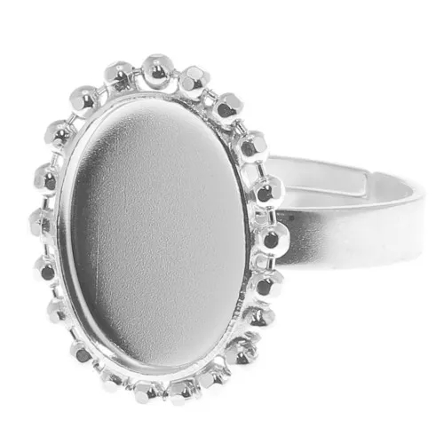 Diamond balls ring for 14x10mm flat back cabochon - Size 54 to 58 - Silver Tone x1
