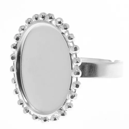 Diamond balls ring for 18x13mm flat back cabochon - Size 54 to 58 - Silver Tone x1