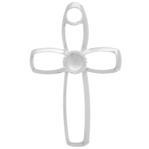 30x19mm hollowed out Cross pendant for 4mm flat back cabochon Fine silver plating