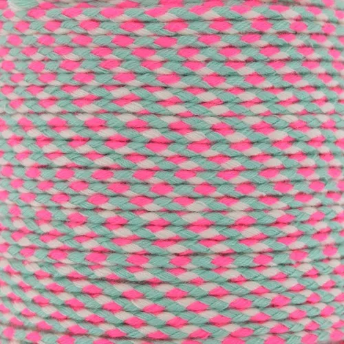 2mm Braided cotton cord - Neon pink - Grey - White x1m