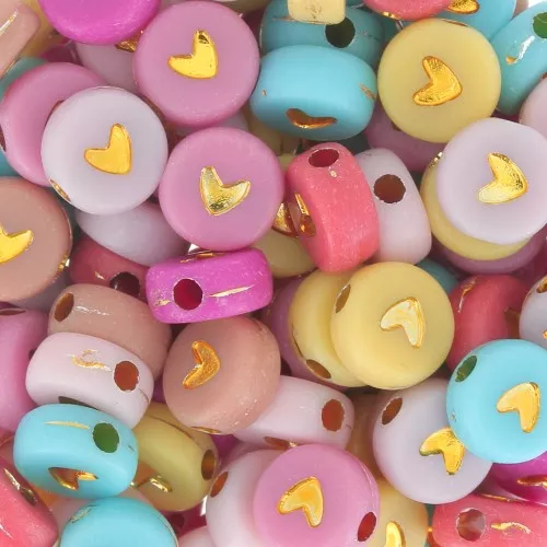 7mm Assortment of 20 round heart beads - Multicoloured pastel - Gold x1