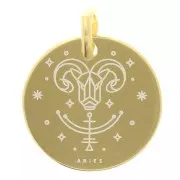13.5mm 925 Sterling Silver Round charm - Aries Zodiac Sign - Gold Tone x1