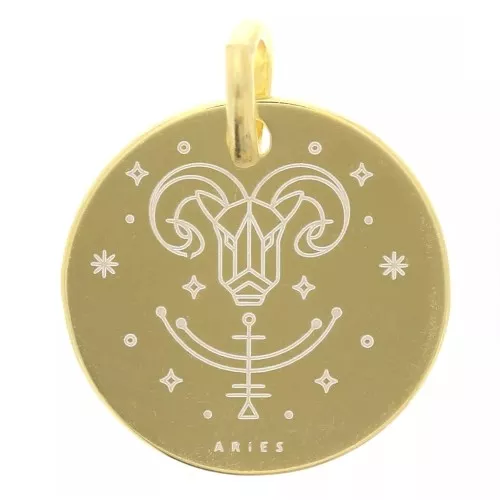 13.5mm 925 Sterling Silver Round charm - Aries Zodiac Sign - Gold Tone x1
