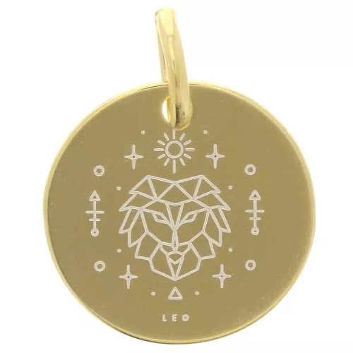 13.5mm 925 Sterling Silver Round charm - Leo Zodiac Sign - Gold Tone x1