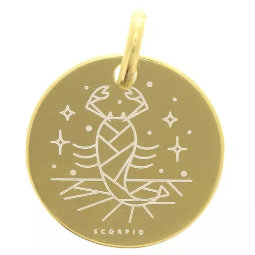 13.5mm 925 Sterling Silver Round charm - Scorpio Zodiac Sign - Gold Tone x1