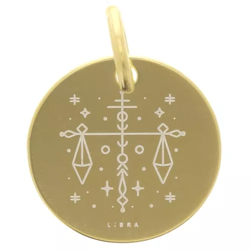 13.5mm 925 Sterling Silver Round charm - Libra Zodiac Sign - Gold Tone x1