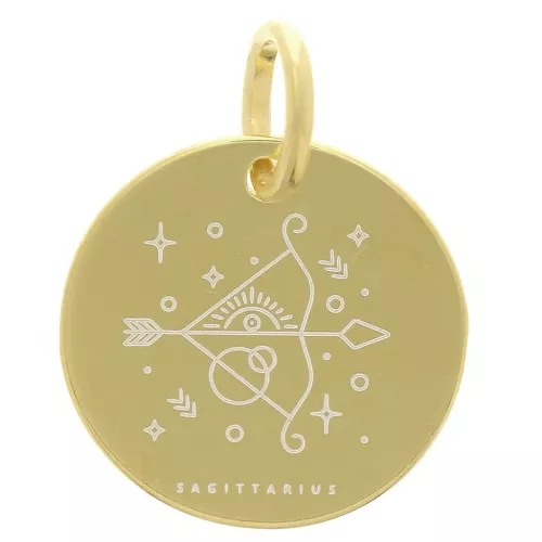 13.5mm 925 Sterling Silver Round charm - Sagittarius Zodiac Sign - Gold Tone x1
