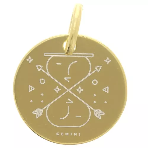 13.5mm 925 Sterling Silver Round charm - Gemini Zodiac Sign - Gold Tone x1