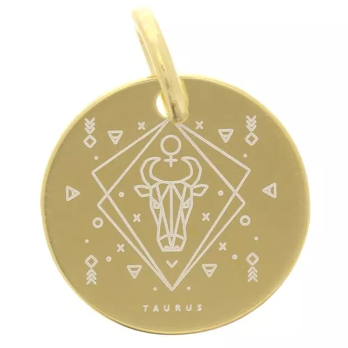 13.5mm 925 Sterling Silver Round charm - Taurus Zodiac Sign - Gold Tone x1