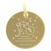 13.5mm 925 Sterling Silver Round charm - Aquarius Zodiac Sign - Gold Tone x1