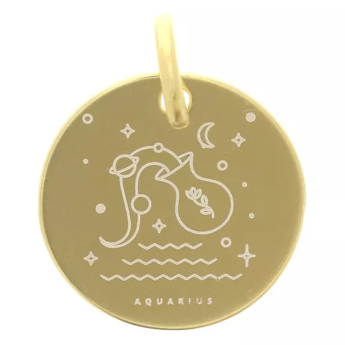 13.5mm 925 Sterling Silver Round charm - Aquarius Zodiac Sign - Gold Tone x1