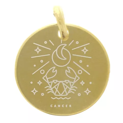 13.5mm 925 Sterling Silver Round charm - Cancer Zodiac Sign - Gold Tone x1
