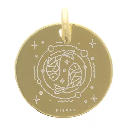 13.5mm 925 Sterling Silver Round charm - Pisces Zodiac Sign - Gold Tone x1