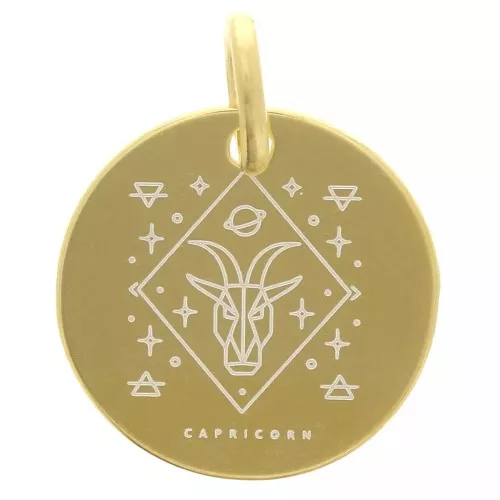 13.5mm 925 Sterling Silver Round charm - Capricorn Zodiac Sign - Gold Tone x1