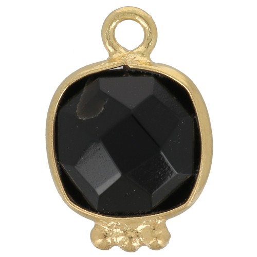 14x9mm Square Faceted Gemstone Charm - Fine Gold plated - Black Onyx x1