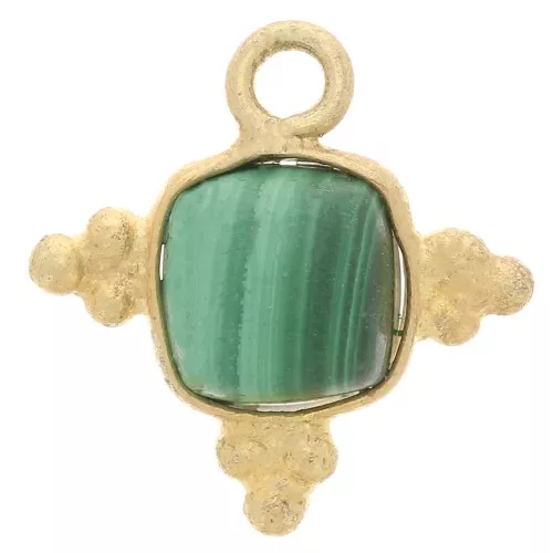 13mm Square Gemstone Charm - Fine Gold Plated - Malachite x1