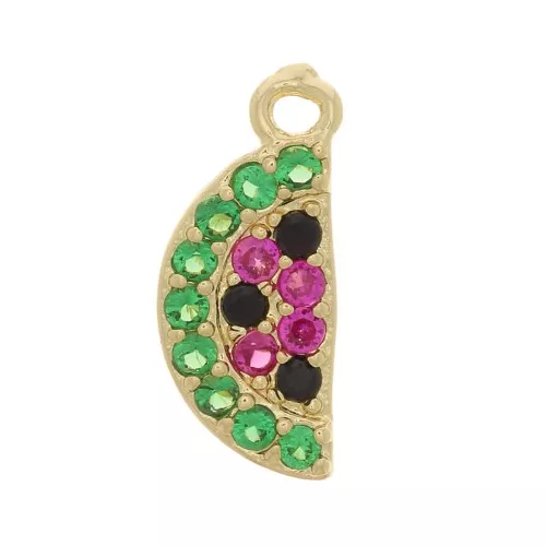 12x5mm Watermelon charm with zirconium oxide - Gold Tone - Multicoloured x1