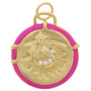 18mm  zirconium oxide moon pattern Round pendant with epoxy resin - Gold Tone - Neon pink x1|raw }}