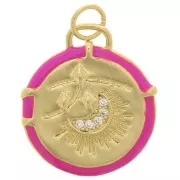 18mm  zirconium oxide moon pattern Round pendant with epoxy resin - Gold Tone - Neon pink x1