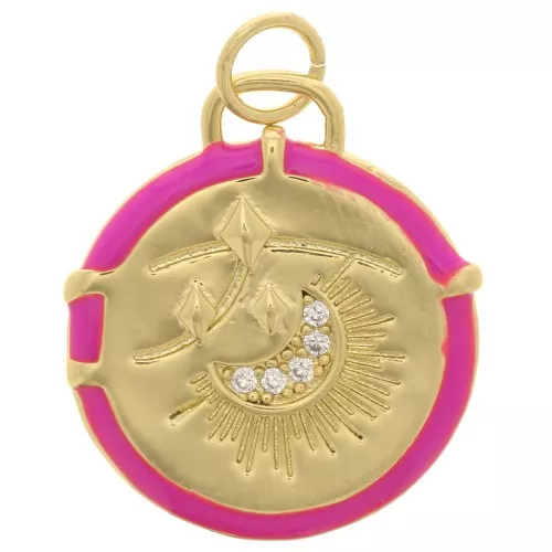 18mm zirconium oxide moon pattern Round pendant with epoxy resin - Gold Tone - Neon pink x1