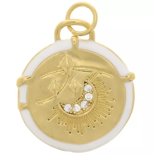 18mm zirconium oxide moon pattern Round pendant with epoxy resin - Gold Tone - White x1