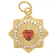 14mm Ribbed pendant - heart pattern - with  zirconium oxide  - Gold Tone - Orange x1