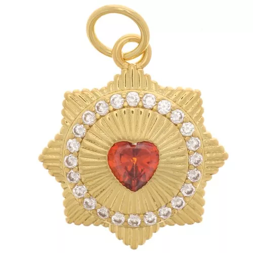 14mm Ribbed pendant - heart pattern - with zirconium oxide - Gold Tone - Orange x1