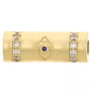 18x8mm tube bead with zirconium oxide - eye pattern - Gold Tone - Blue - Crystal x1