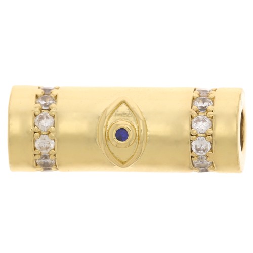 18x8mm tube bead with zirconium oxide - eye pattern - Gold Tone - Blue - Crystal x1