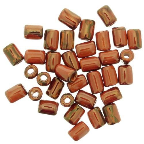 7x5mm Heishi style ceramic tube beads - Iridescent marbled orange x5