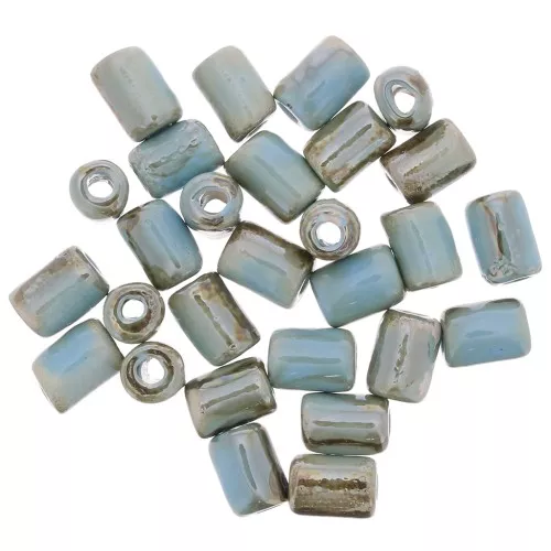 7x5mm Heishi ceramic tube beads - Iridescent marbled light blue x5