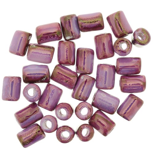 7x5mm Heishi ceramic tube beads - Iridescent marbled fuchsia x5