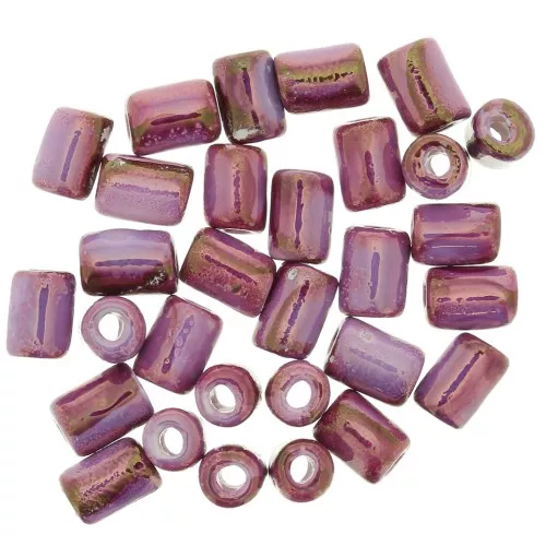 7x5mm Heishi ceramic tube beads - Iridescent marbled fuchsia x5