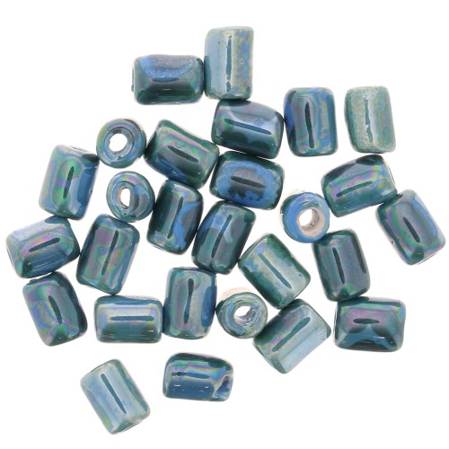 7x5mm Heishi style ceramic tube beads - Iridescent marbled blue x5