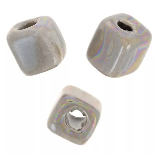 5mm Ceramic cube beads - Iridescent grey x5