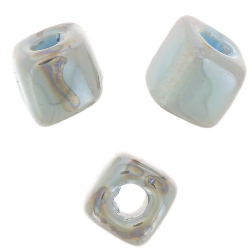 5mm Ceramic cube beads - Light blue iridescent marble x5