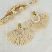 45.5x66mm Fan Pendant with raffia tassels - Dark Greené x1