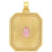 32x20mm Pendant textured plate with cabochon imitation Opal - Pink - Gold x1